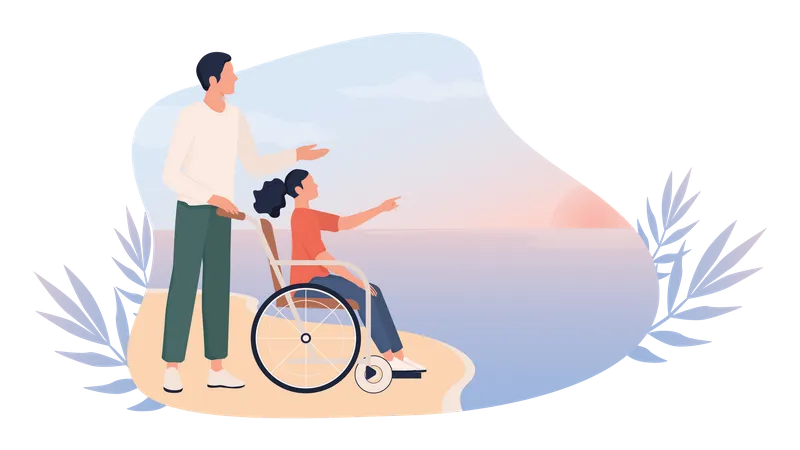 Glückliches kleines Mädchen im Rollstuhl mit ihrem Vater am Strand  Illustration