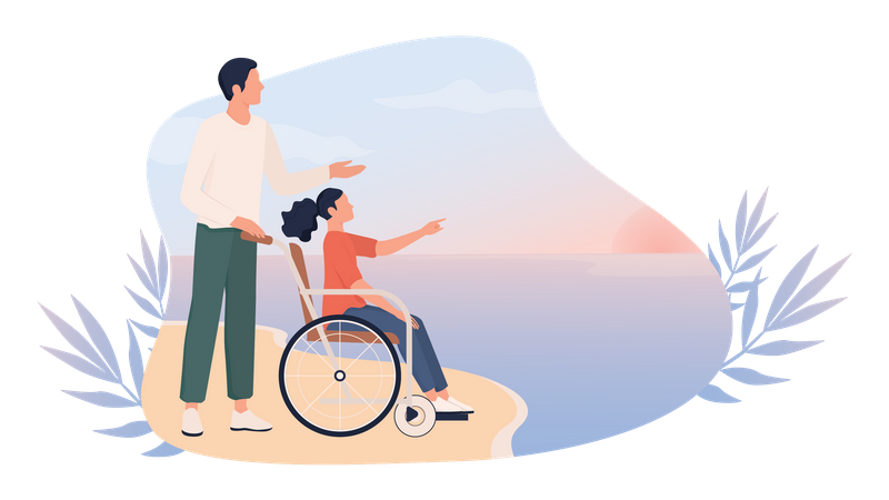 Glückliches kleines Mädchen im Rollstuhl mit ihrem Vater am Strand  Illustration