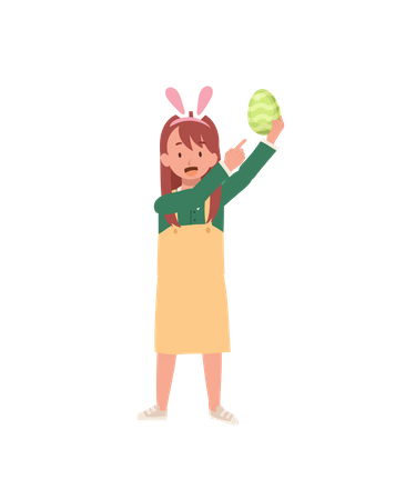 Glückliches kleines Mädchen mit Hasenohren hält Osterei, während sie mit dem Zeigefinger darauf zeigt, um zu zeigen  Illustration