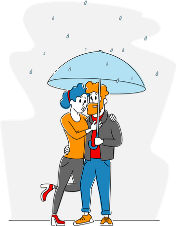 Glückliches Liebespaar umarmt beim Spaziergang bei Regenwetter unter dem Regenschirm  Illustration