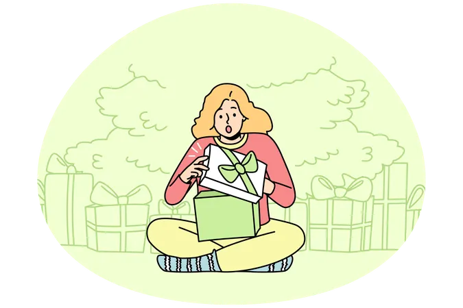 Glückliches Mädchen öffnet Weihnachtsgeschenke  Illustration