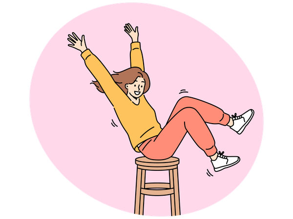 Glückliches Mädchen, das sich auf einem Holzstuhl dreht, während es die Hände hebt und gute Laune mit anderen teilt  Illustration