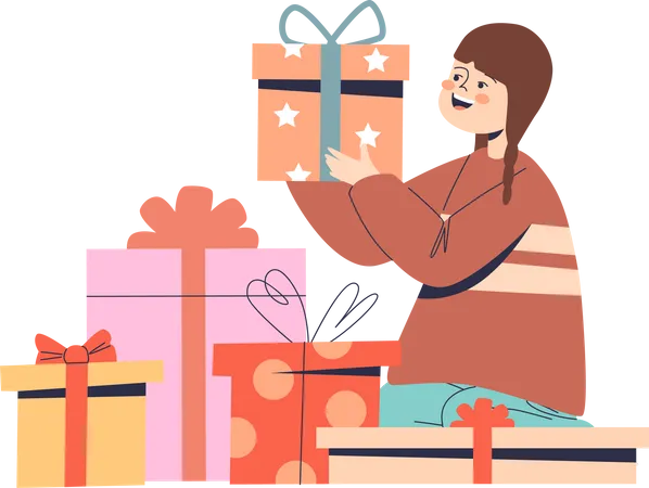 Glückliches Mädchen mit Haufen von Geschenk  Illustration