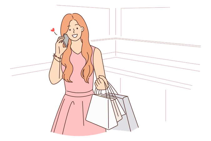 Glückliches Mädchen telefoniert mit dem Handy und hält Einkaufstüten  Illustration