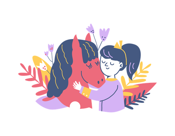 Glückliches Mädchen umarmt Pony  Illustration
