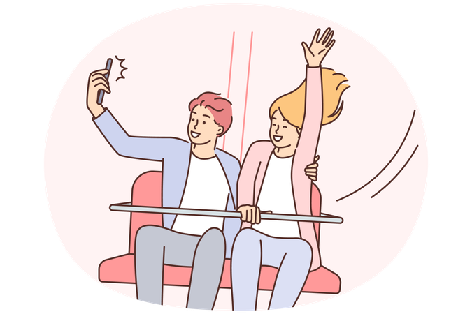 Glückliches Paar fährt Attraktionen im Park und macht Selfie für Familienfotoalbum  Illustration
