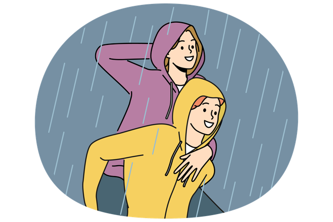 Glückliches Paar geht im Regen spazieren und genießt den Regenguss nach langer Dürre und möchte nicht nach Hause gehen  Illustration