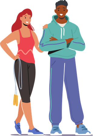 Glückliches Paar in Sportkleidung und Turnschuhen steht zusammen  Illustration
