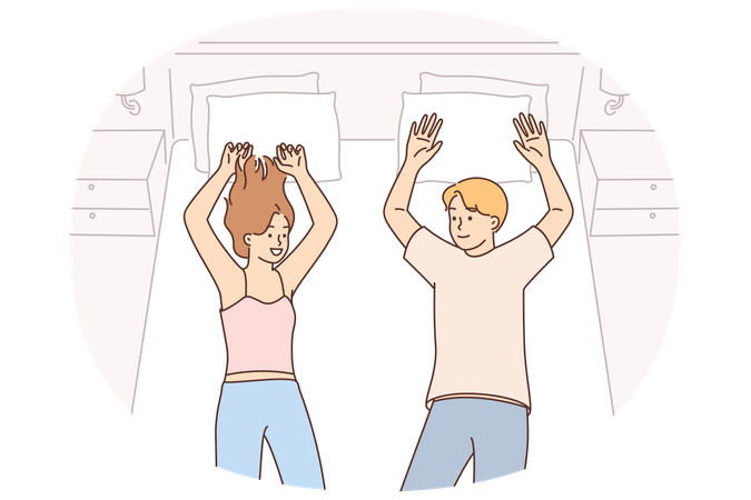 Glückliches Paar liegt nach dem Einchecken in einem teuren Hotel im Bett und genießt den lang ersehnten Urlaub  Illustration