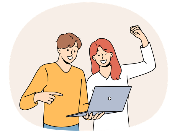 Glückliches Paar mit Laptop macht Gewinngeste nach Gewinn im Online-Casino  Illustration