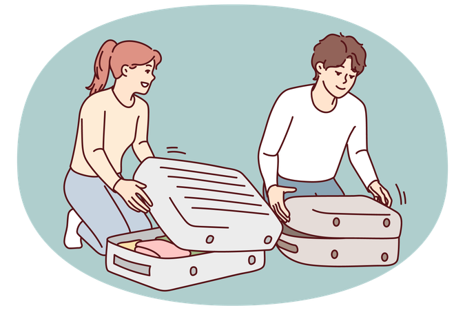 Glückliches Paar beim Kofferpacken  Illustration