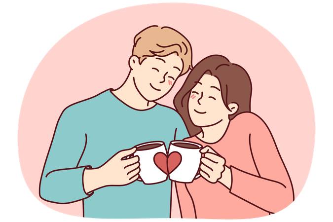 Glückliches Paar umarmt und trinkt Kaffee aus süßen Tassen  Illustration