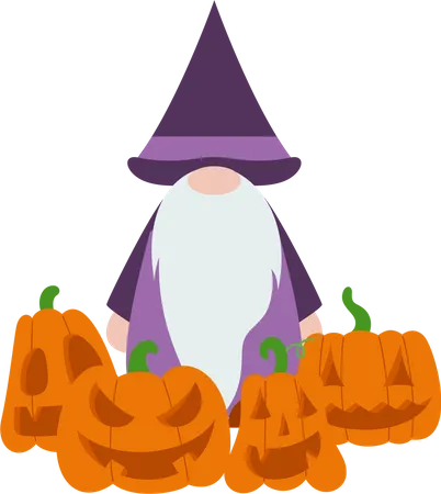 Gnome And Halloween Pumpkins  Illustration