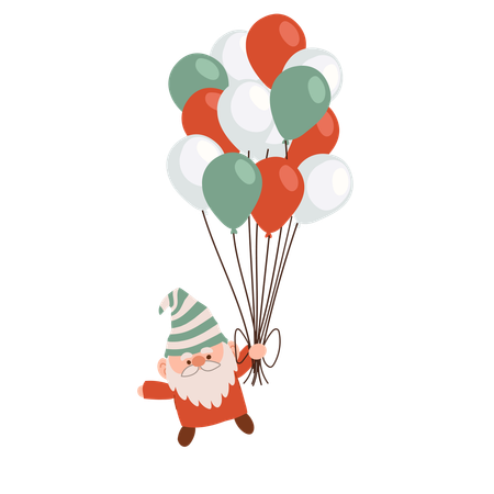 Nain de Noël aux couleurs des fêtes tenant un bouquet de ballons festifs  Illustration