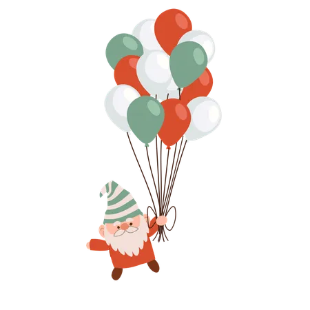 Nain de Noël aux couleurs des fêtes tenant un bouquet de ballons festifs  Illustration