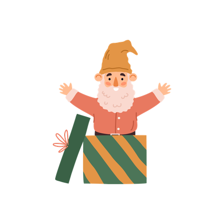 Gnome fabuleux et drôle sautant hors d'une boîte cadeau  Illustration