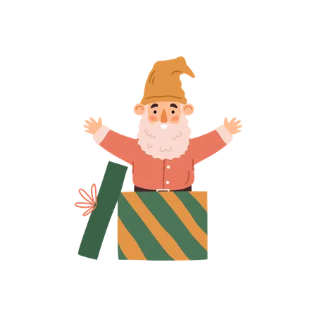 Gnome fabuleux et drôle sautant hors d'une boîte cadeau  Illustration