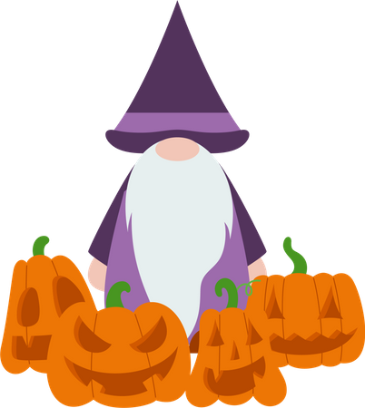 Gnomo y calabazas de Halloween  Ilustración