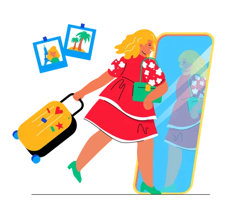 Go On Vacation Modern Colorful Flat Design Style Illustration On White Background Scene With Happy Girl In Summer Dress With Suitcase In Hands Looks At Herself In The Mirror Ready For Rest And Fun Illustration
