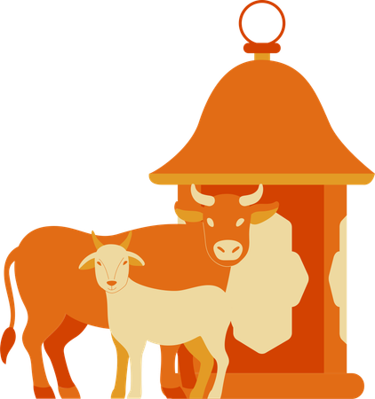 Goat and cow with lantern  Illustration