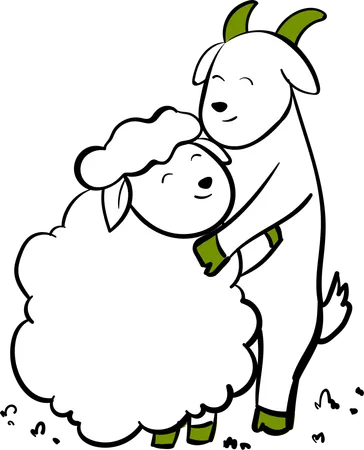 Goat and sheep hugging  Illustration