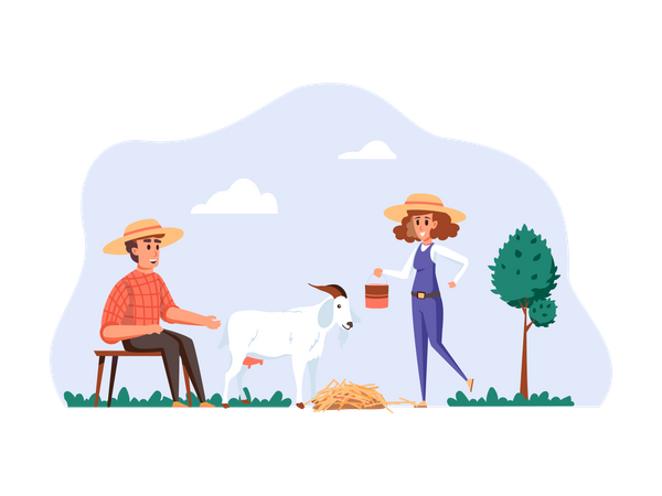 Goat herder feeding goat  Illustration