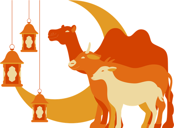 Goat with cow and camel aligned with moon  Illustration