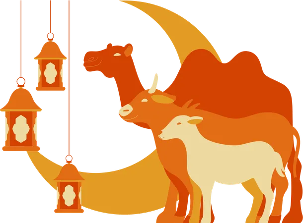 Goat with cow and camel aligned with moon  Illustration