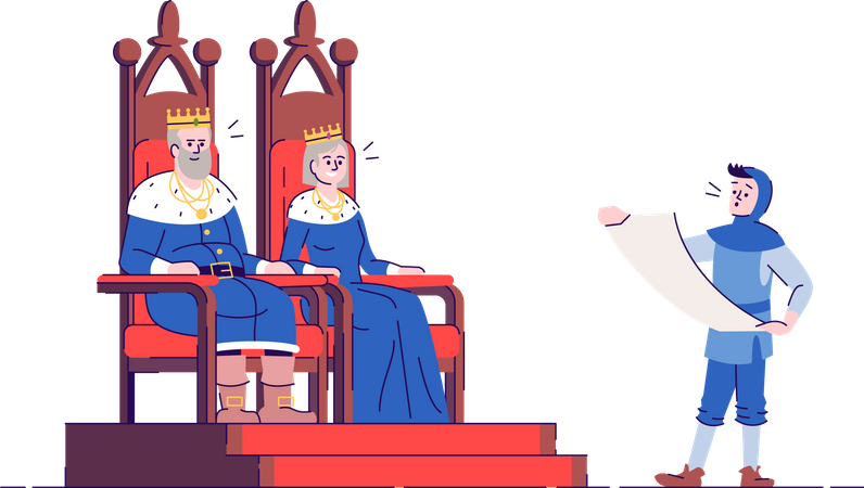 Gobernantes del reino medieval en tronos con mensajero real  Ilustración