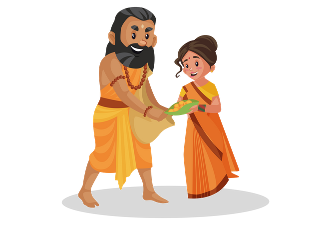 Goddesses Sita giving fruits to monk Illustration