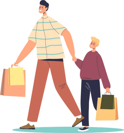 Dad And Son On Shopping Happy Cartoon Father With Little Kid Boy Holding Shopping Bags Family Buying During Holiday Or Seasonal Sale Flat Vector Illustration Illustration