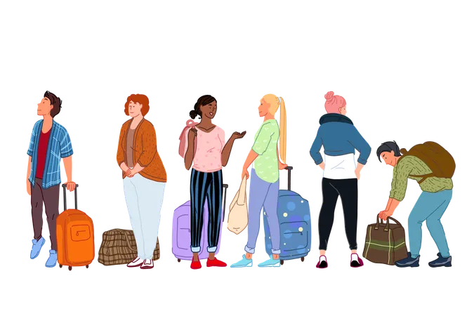 Queue At Railway Ticket Office Waiting For Departure Going On Trip Concept People With Suitcases Standing In Line Queuing Up To Cash Register Baggage Claim In Airport Simple Flat Vector Illustration