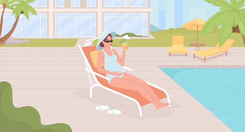 Going On Vacation During Pregnancy Flat Color Vector Illustration Carefree Pregnant Woman Lying On Deckchair Hero Image Fully Editable 2 D Simple Cartoon Character With Hotel Exterior On Background Illustration