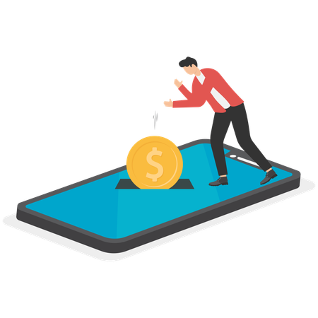 Gold coins keep falling into phone  Illustration