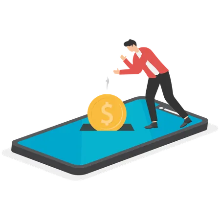 Gold coins keep falling into phone  Illustration