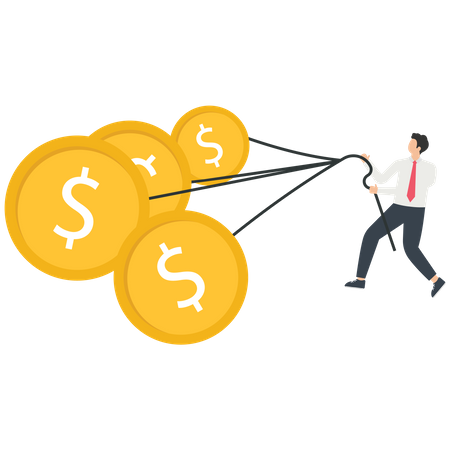 Gold coins pulling businessman forward  Illustration