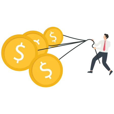 Gold coins pulling businessman forward  Illustration