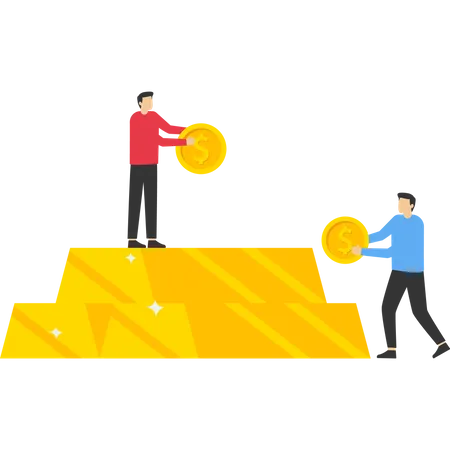 Gold Investment Concept Successful Investor Or Businessman Standing Beside Pile Of Gold Bullion Financial Literacy Goal Setting Dollars And Coins Exchanged For Piles Of Gold Bullion Bars Illustration