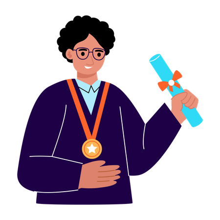 Gold medalist showing medal  Illustration