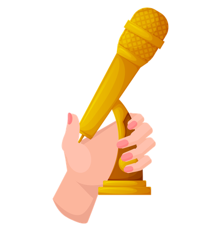 Gold microphone in human hand  Illustration