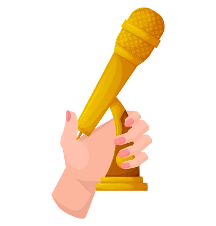 Gold microphone in human hand  Illustration
