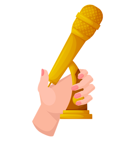 Gold microphone in human hand  Illustration