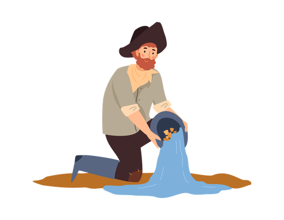 Gold miner washes gold out of rock  Illustration