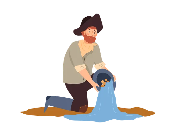 Gold miner washes gold out of rock  Illustration