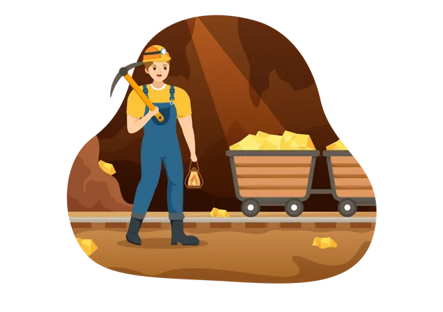 Gold Mine Illustration With Mining Industry Activity For Treasure Pile Of Coins Jewelry And Gem In Flat Cartoon Hand Drawn Landing Page Templates イラスト