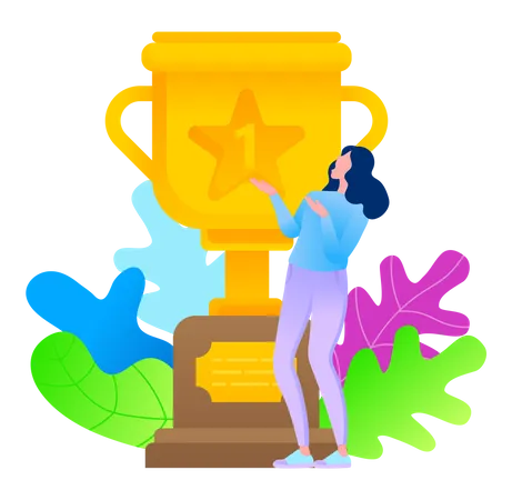 Golden Award With Foliage And Woman In Flat Style Happy To Get Trophy Worker Enjoy Success And Victory Vector Illustration Best Trophy Prize Gold Cup For First Play In Competition Learning Search Illustration