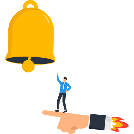 Golden Bell and Businessman on a Finger with Rocket  Illustration
