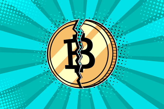 Golden bitcoin coin broken in half  Illustration