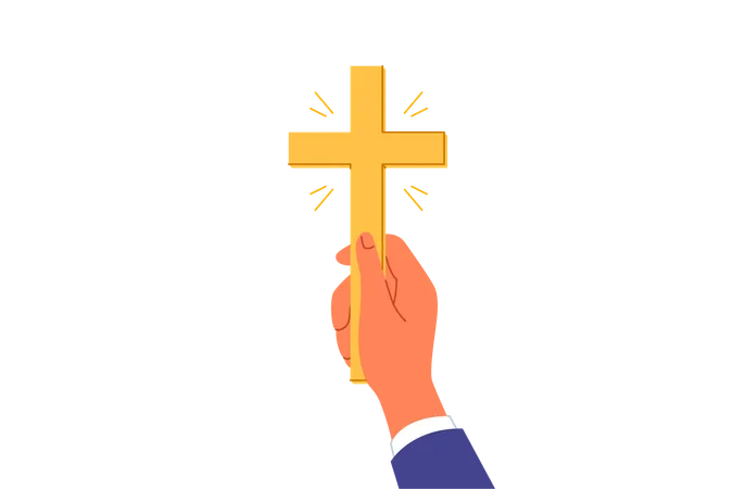 Golden christian crucifix in hands man inviting to accept catholicism and attend church for prayers  Illustration