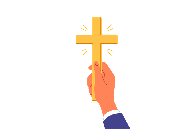 Golden christian crucifix in hands man inviting to accept catholicism and attend church for prayers  Illustration